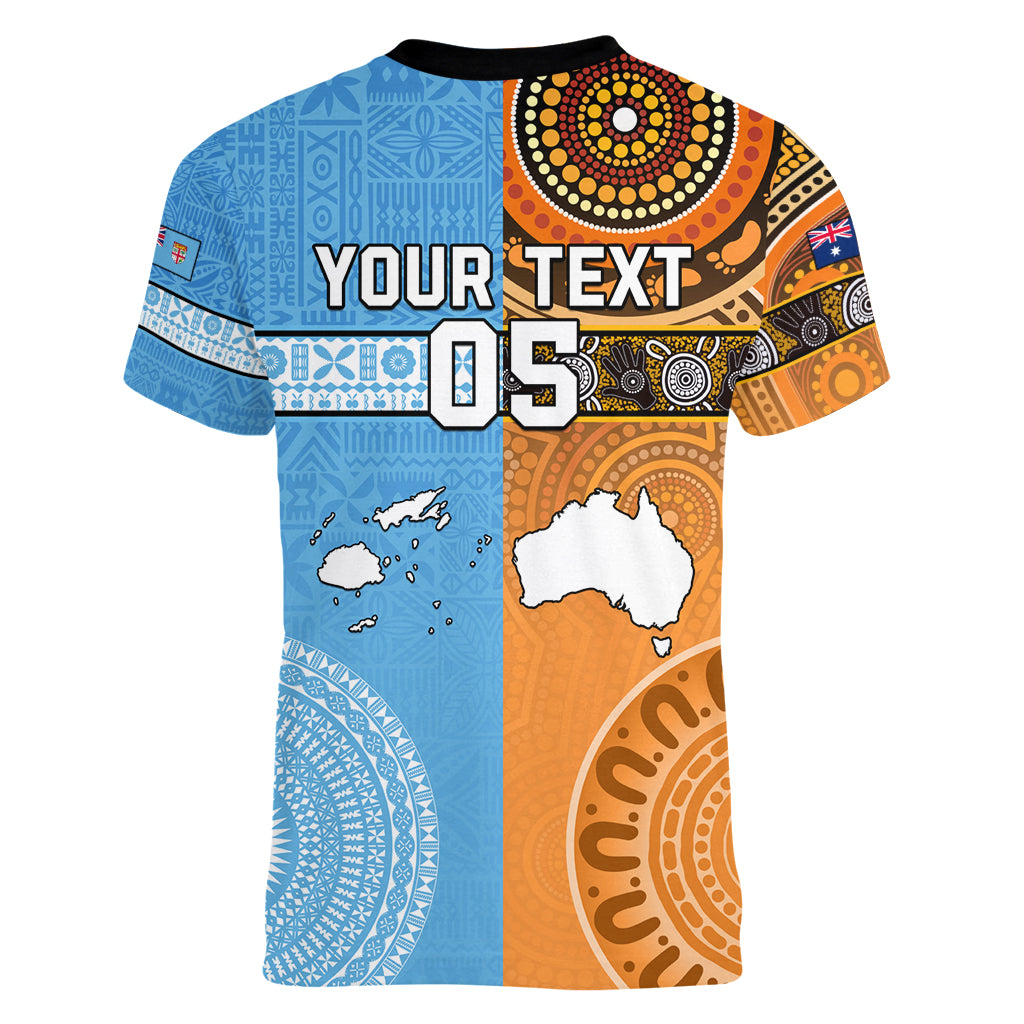 Custom Fiji Tapa And Australia Aboriginal Together Women V Neck T Shirt LT05 - Polynesian Pride