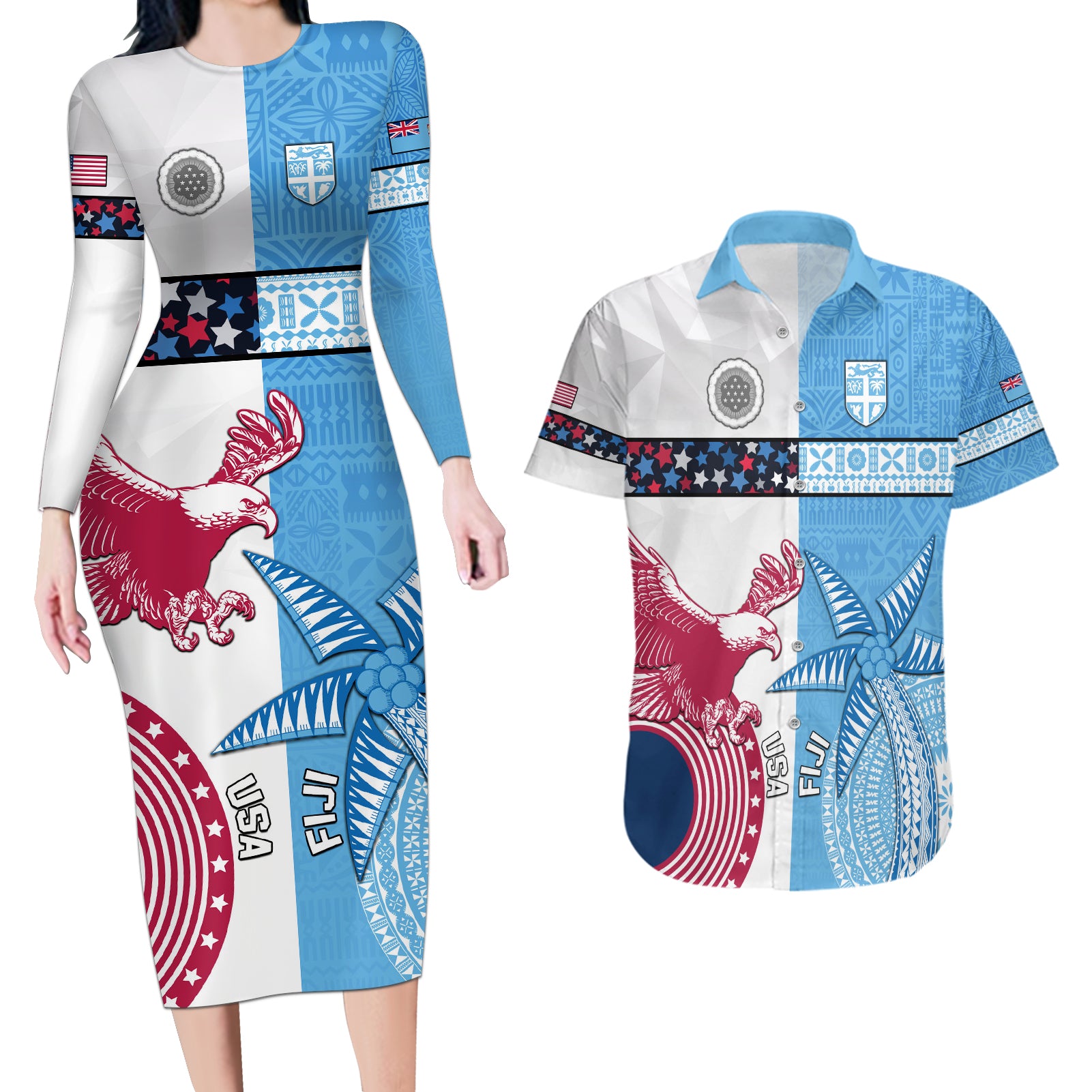 Custom Fiji And USA Palm Tree With Eagle Couples Matching Long Sleeve Bodycon Dress and Hawaiian Shirt LT05 Blue - Polynesian Pride