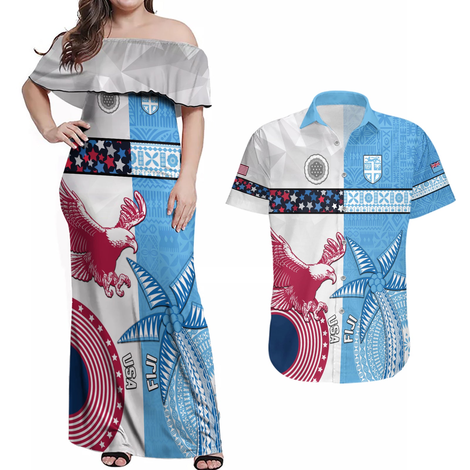 Custom Fiji And USA Palm Tree With Eagle Couples Matching Off Shoulder Maxi Dress and Hawaiian Shirt LT05 Blue - Polynesian Pride