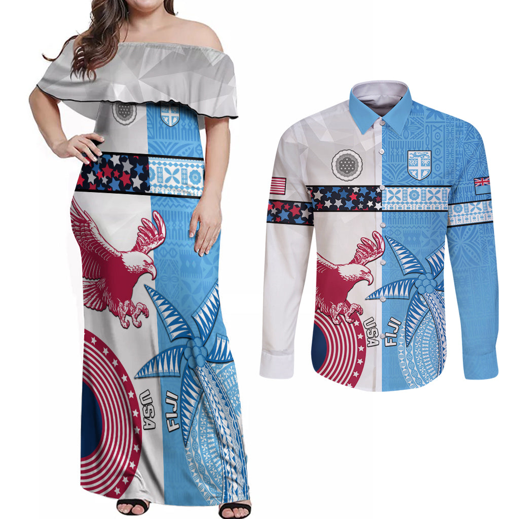 Custom Fiji And USA Palm Tree With Eagle Couples Matching Off Shoulder Maxi Dress and Long Sleeve Button Shirt LT05 Blue - Polynesian Pride