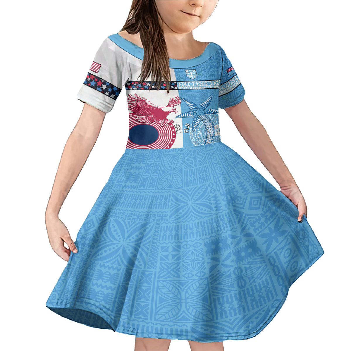 Custom Fiji And USA Palm Tree With Eagle Family Matching Mermaid Dress and Hawaiian Shirt LT05 Daughter's Dress Blue - Polynesian Pride