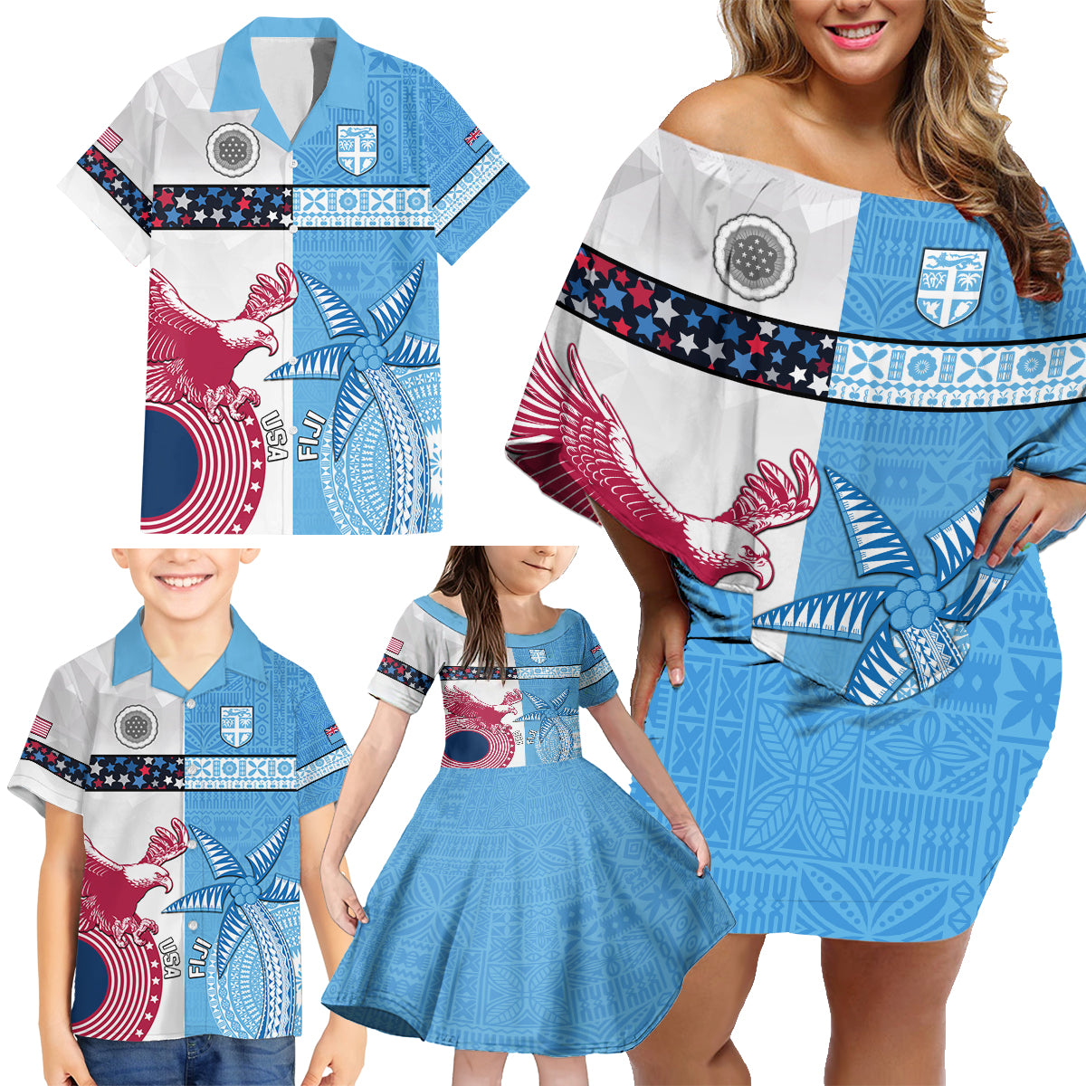 Custom Fiji And USA Palm Tree With Eagle Family Matching Off Shoulder Short Dress and Hawaiian Shirt LT05 - Polynesian Pride