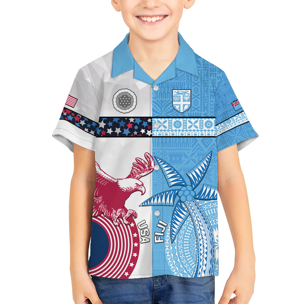 Custom Fiji And USA Palm Tree With Eagle Family Matching Off Shoulder Short Dress and Hawaiian Shirt LT05 Son's Shirt Blue - Polynesian Pride