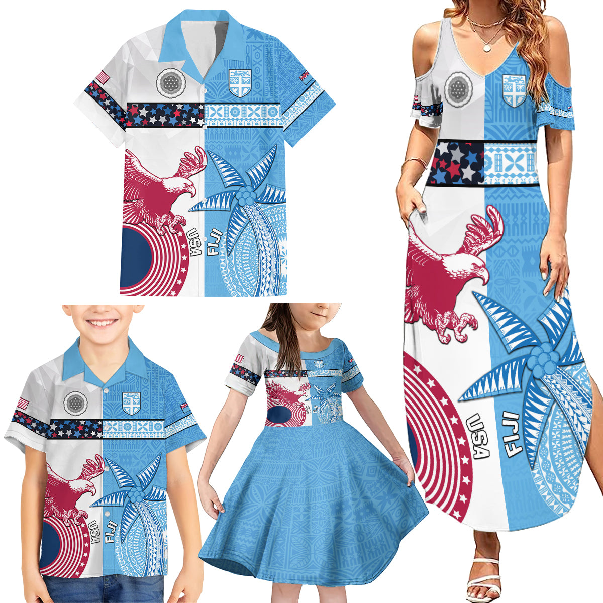 Custom Fiji And USA Palm Tree With Eagle Family Matching Summer Maxi Dress and Hawaiian Shirt LT05 - Polynesian Pride