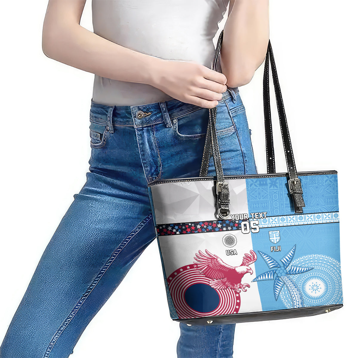 Custom Fiji And USA Palm Tree With Eagle Leather Tote Bag LT05 - Polynesian Pride