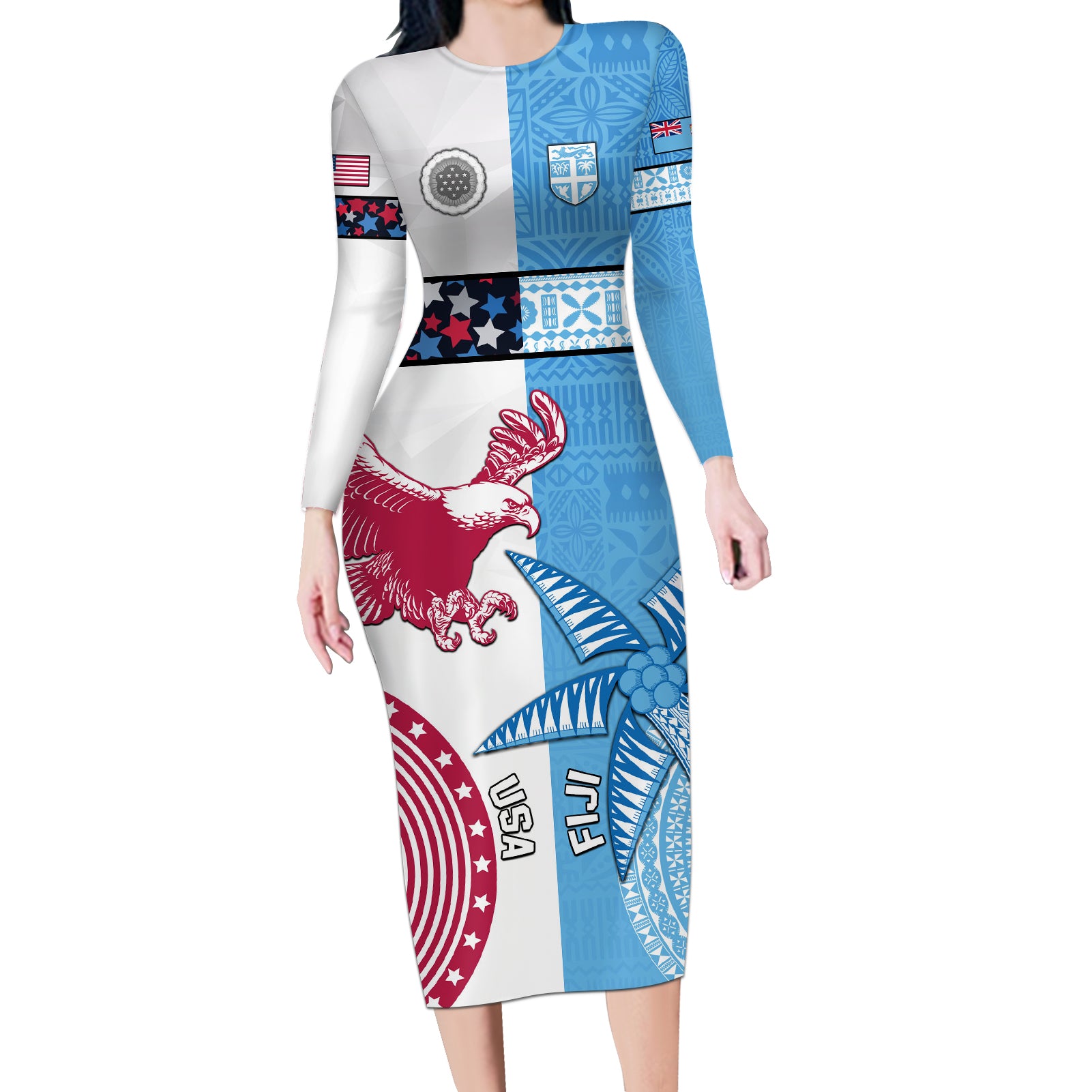 Custom Fiji And USA Palm Tree With Eagle Long Sleeve Bodycon Dress LT05 Long Dress Blue - Polynesian Pride