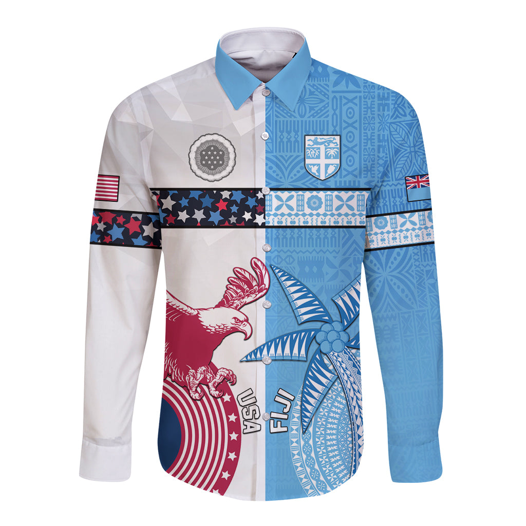 Custom Fiji And USA Palm Tree With Eagle Long Sleeve Button Shirt LT05 Unisex Blue - Polynesian Pride