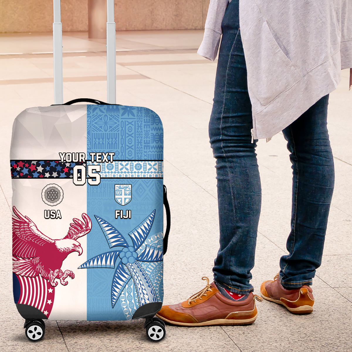 Custom Fiji And USA Palm Tree With Eagle Luggage Cover LT05 Blue - Polynesian Pride
