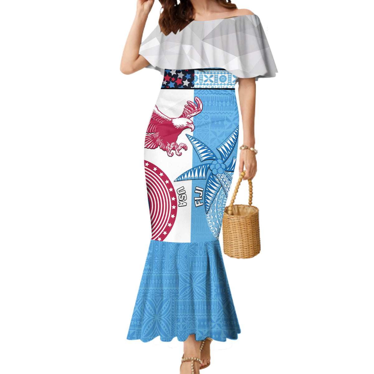 Custom Fiji And USA Palm Tree With Eagle Mermaid Dress LT05 Women Blue - Polynesian Pride