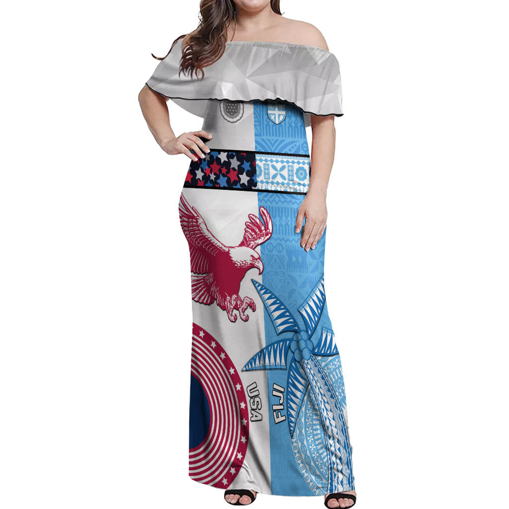 Custom Fiji And USA Palm Tree With Eagle Off Shoulder Maxi Dress LT05 Women Blue - Polynesian Pride