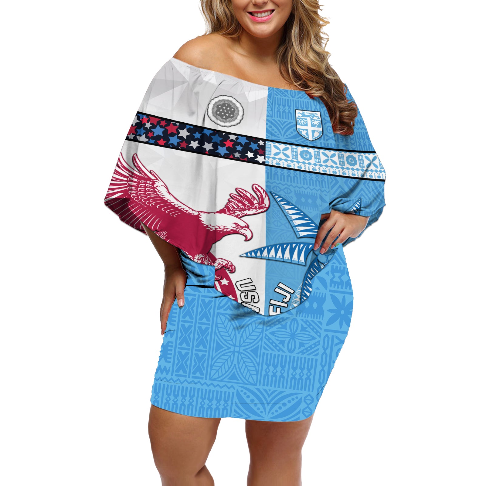 Custom Fiji And USA Palm Tree With Eagle Off Shoulder Short Dress LT05 Women Blue - Polynesian Pride