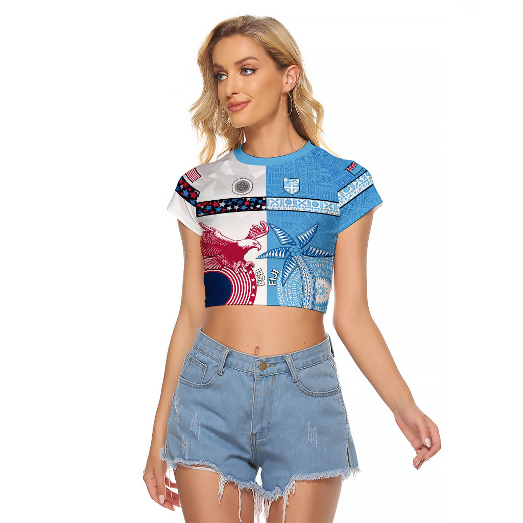 Custom Fiji And USA Palm Tree With Eagle Raglan Cropped T Shirt LT05 Female Blue - Polynesian Pride