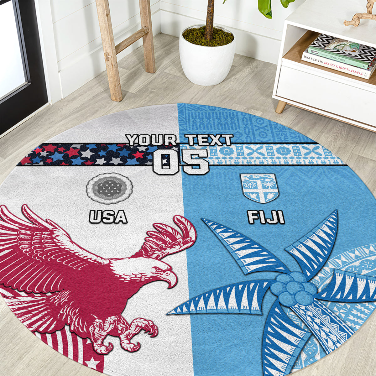 Custom Fiji And USA Palm Tree With Eagle Round Carpet LT05 Blue - Polynesian Pride