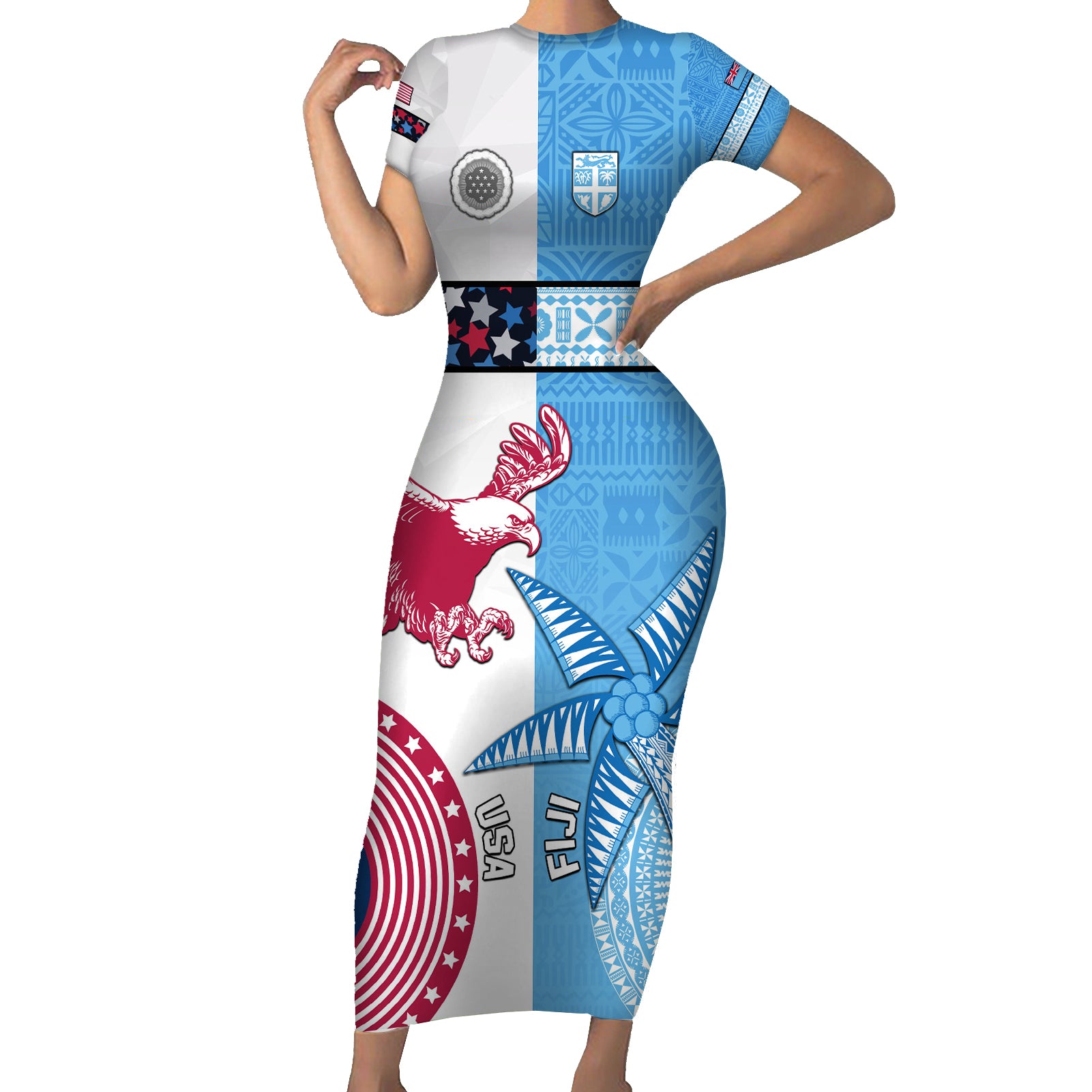 Custom Fiji And USA Palm Tree With Eagle Short Sleeve Bodycon Dress LT05 Long Dress Blue - Polynesian Pride