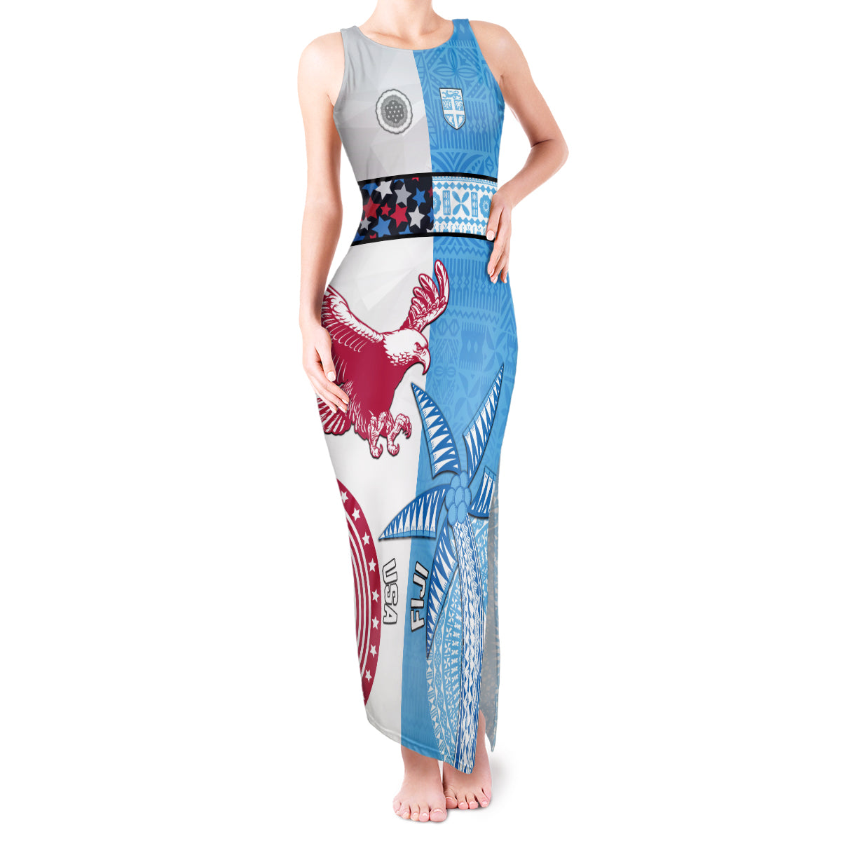 Custom Fiji And USA Palm Tree With Eagle Tank Maxi Dress LT05 Women Blue - Polynesian Pride