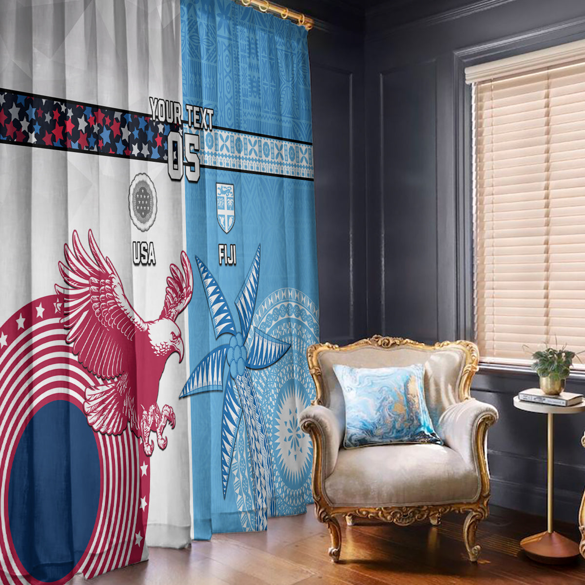 Custom Fiji And USA Palm Tree With Eagle Window Curtain LT05 - Polynesian Pride