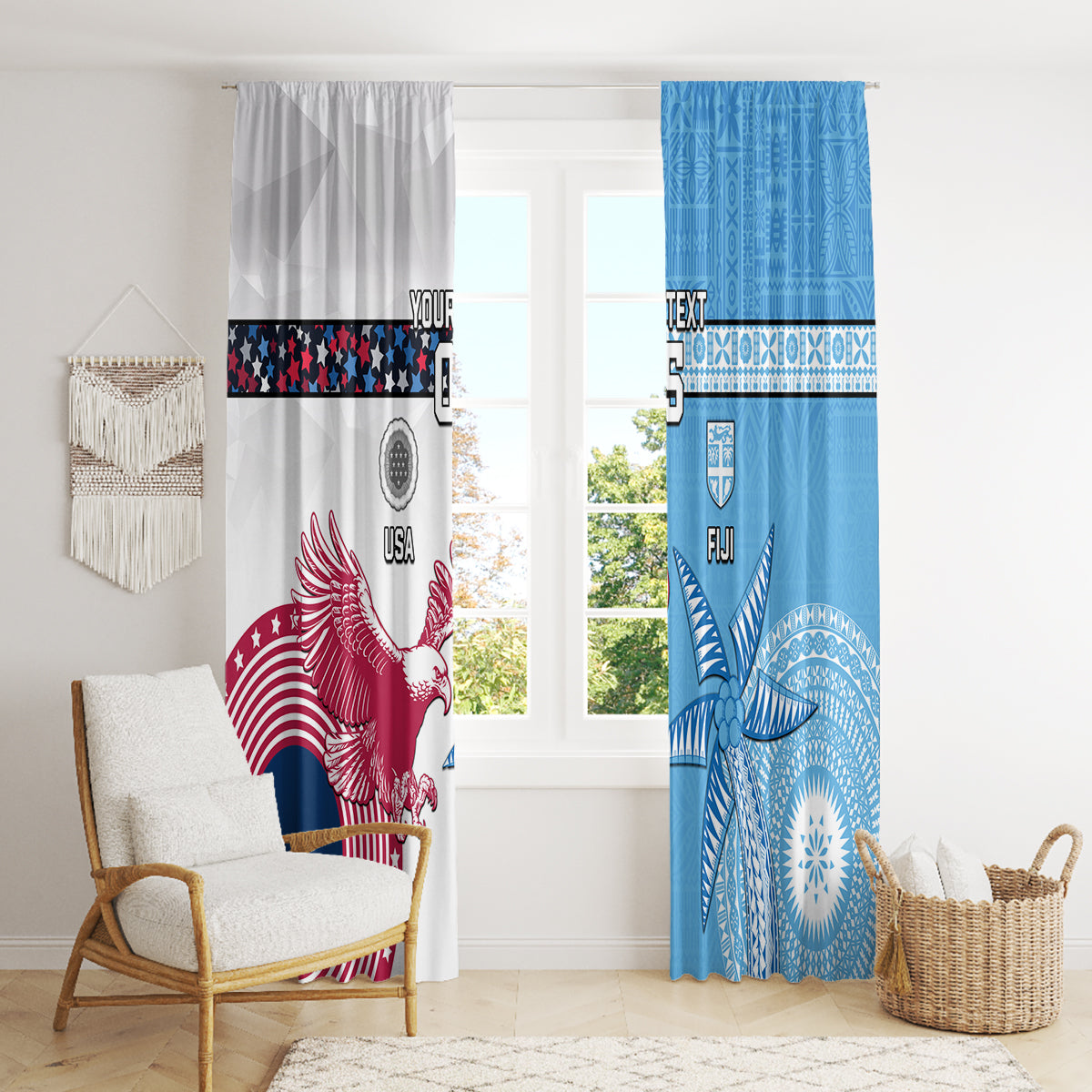 Custom Fiji And USA Palm Tree With Eagle Window Curtain LT05 - Polynesian Pride