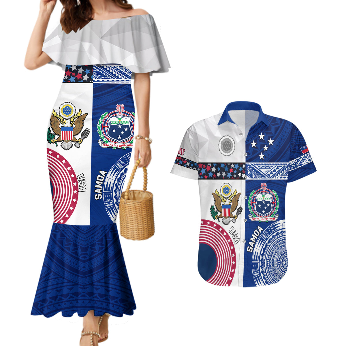 Custom Samoa And USA Together Couples Matching Mermaid Dress and Hawaiian Shirt LT05 Blue - Polynesian Pride