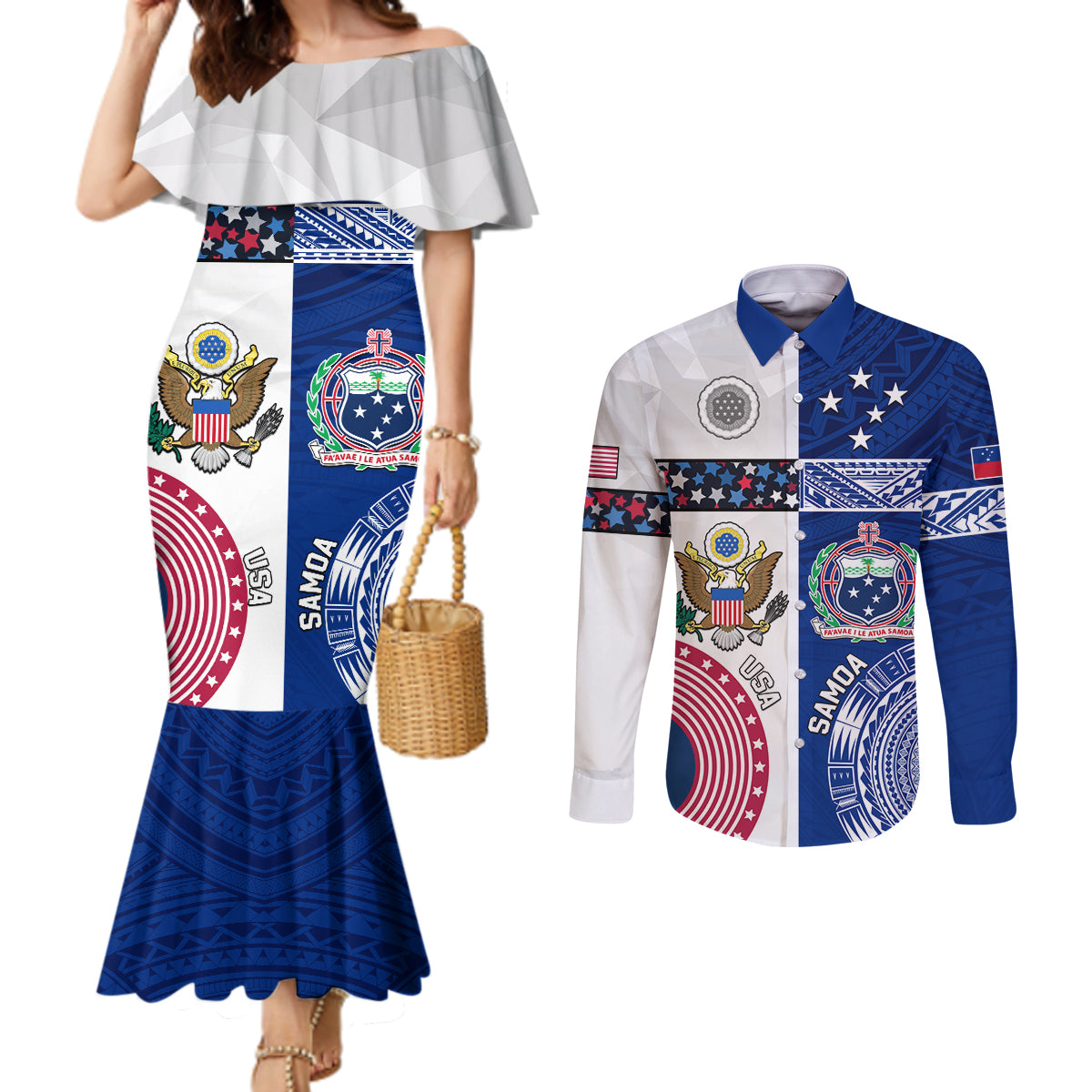 Custom Samoa And USA Together Couples Matching Mermaid Dress and Long Sleeve Button Shirt LT05 Blue - Polynesian Pride