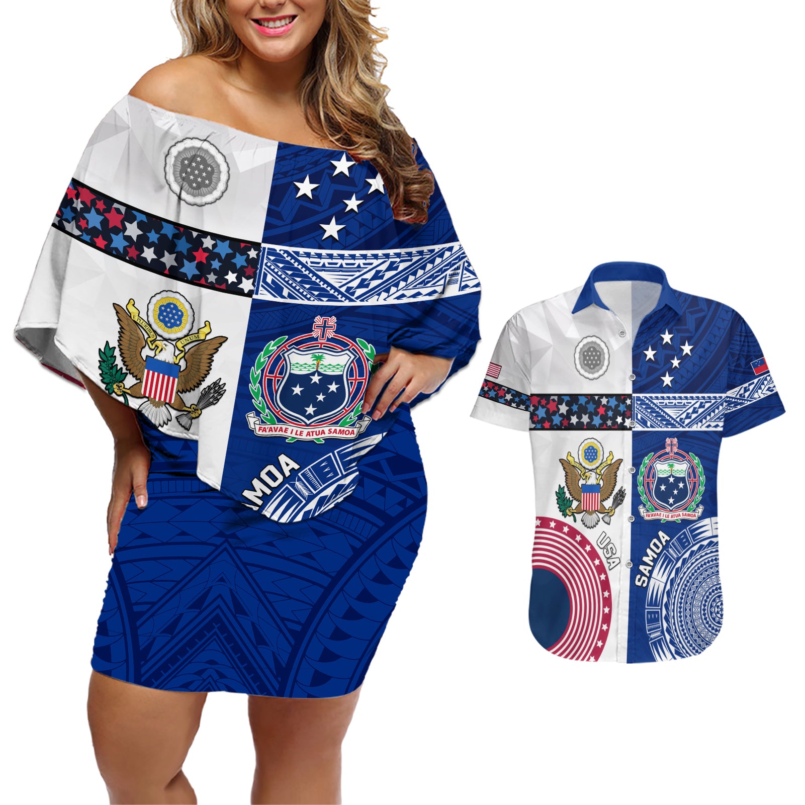 Custom Samoa And USA Together Couples Matching Off Shoulder Short Dress and Hawaiian Shirt LT05 Blue - Polynesian Pride