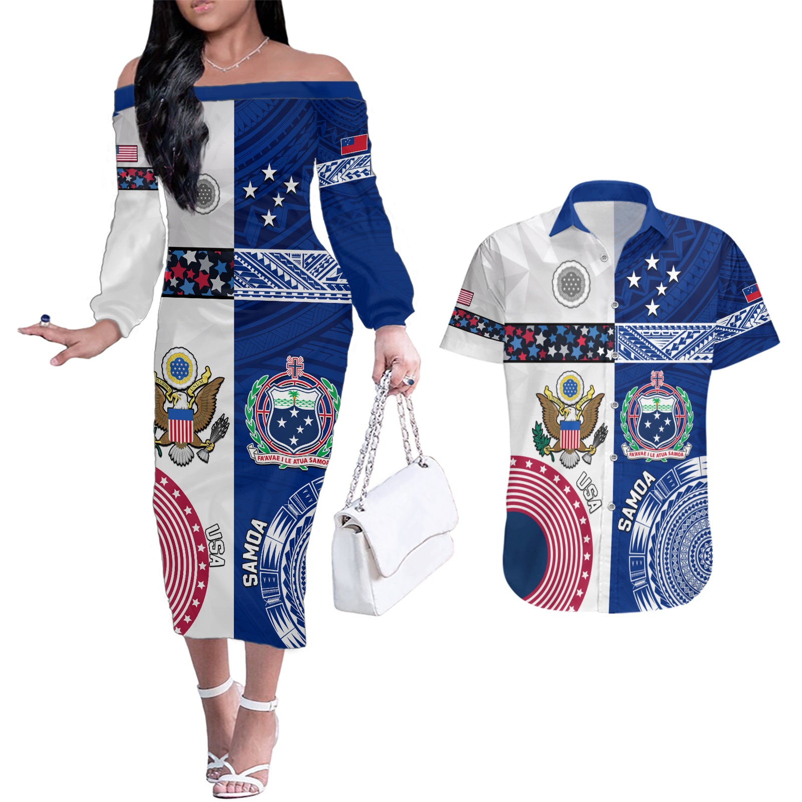 Custom Samoa And USA Together Couples Matching Off The Shoulder Long Sleeve Dress and Hawaiian Shirt LT05 Blue - Polynesian Pride