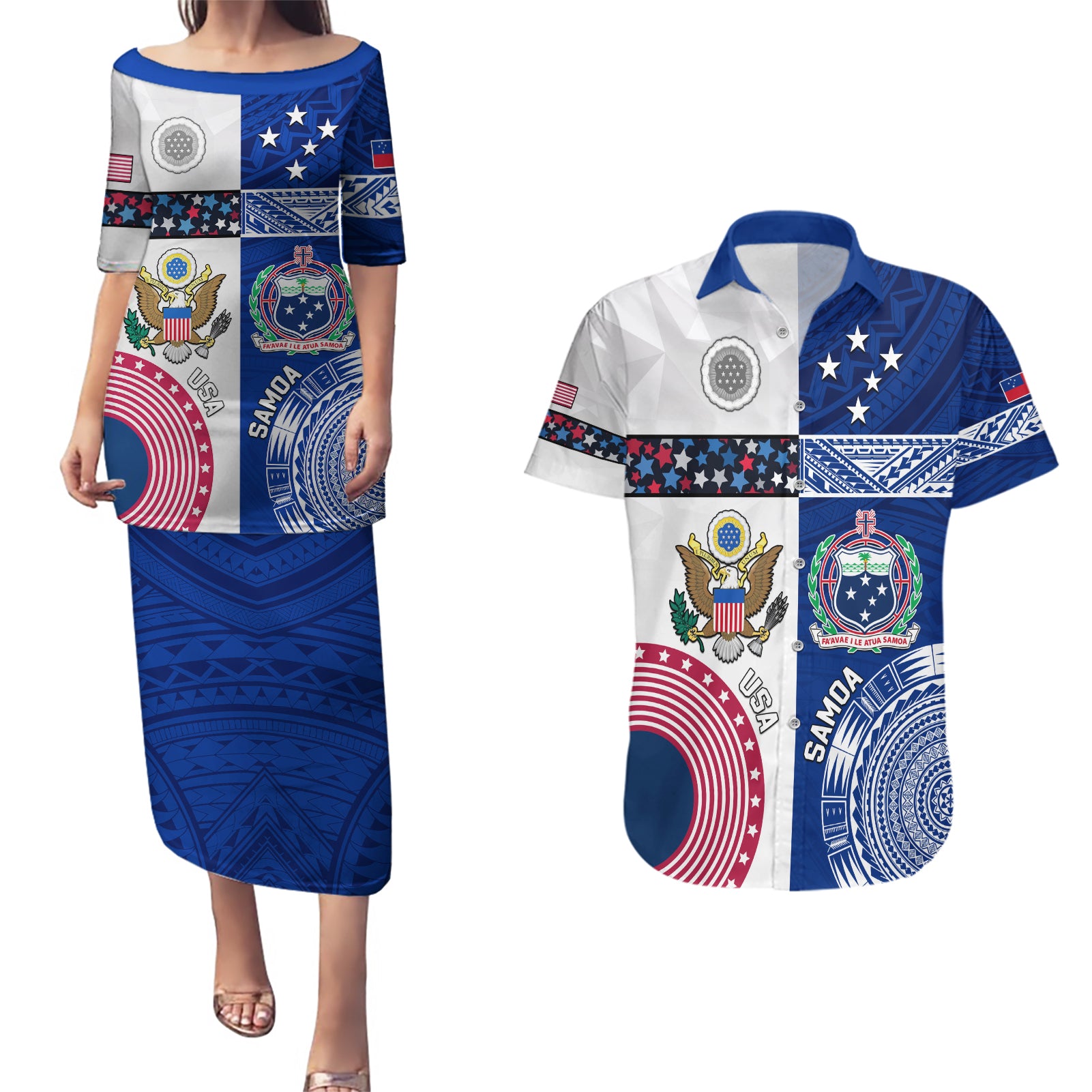 Custom Samoa And USA Together Couples Matching Puletasi Dress and Hawaiian Shirt LT05 Blue - Polynesian Pride