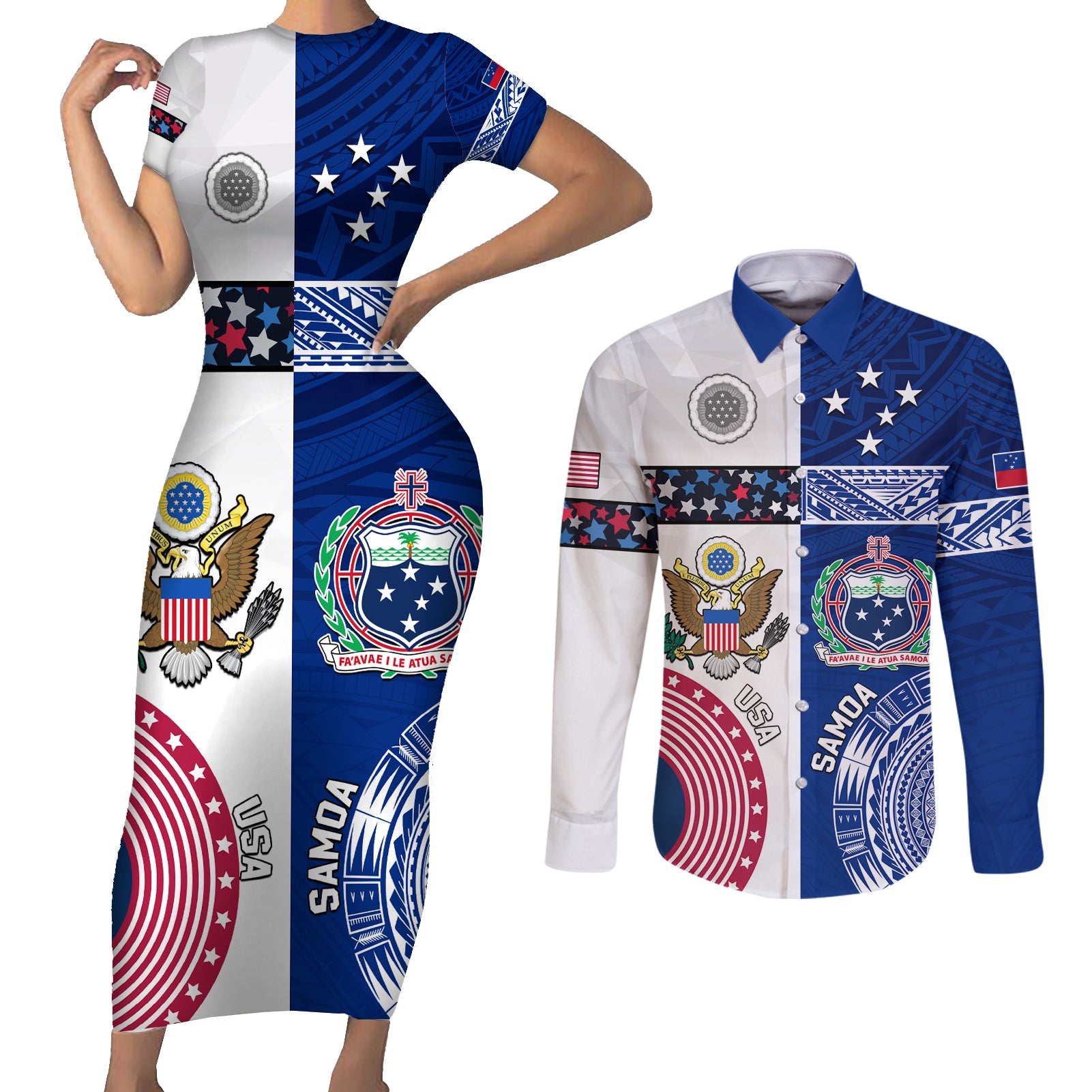 Custom Samoa And USA Together Couples Matching Short Sleeve Bodycon Dress and Long Sleeve Button Shirt LT05 Blue - Polynesian Pride