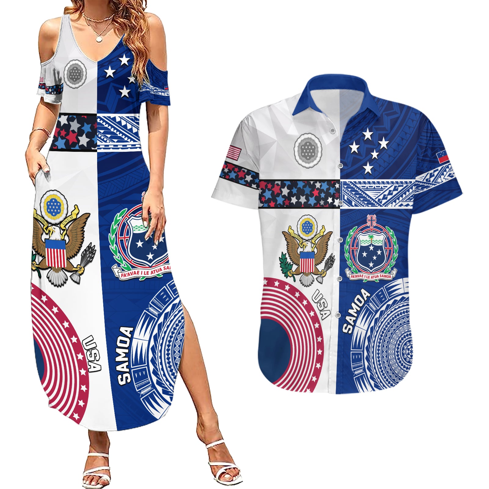 Custom Samoa And USA Together Couples Matching Summer Maxi Dress and Hawaiian Shirt LT05 Blue - Polynesian Pride