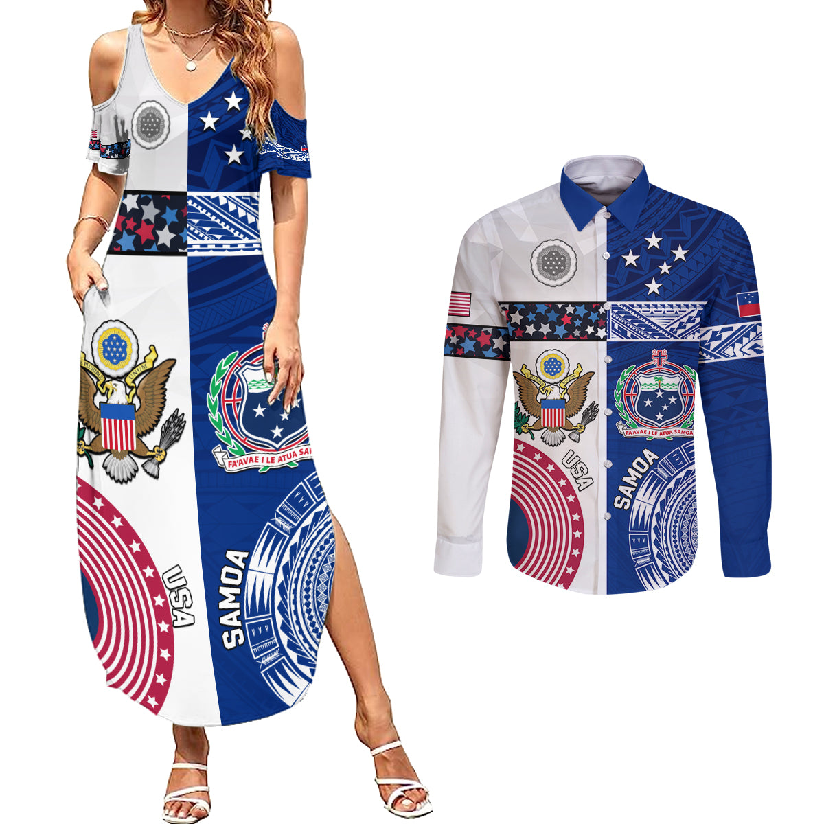 Custom Samoa And USA Together Couples Matching Summer Maxi Dress and Long Sleeve Button Shirt LT05 Blue - Polynesian Pride