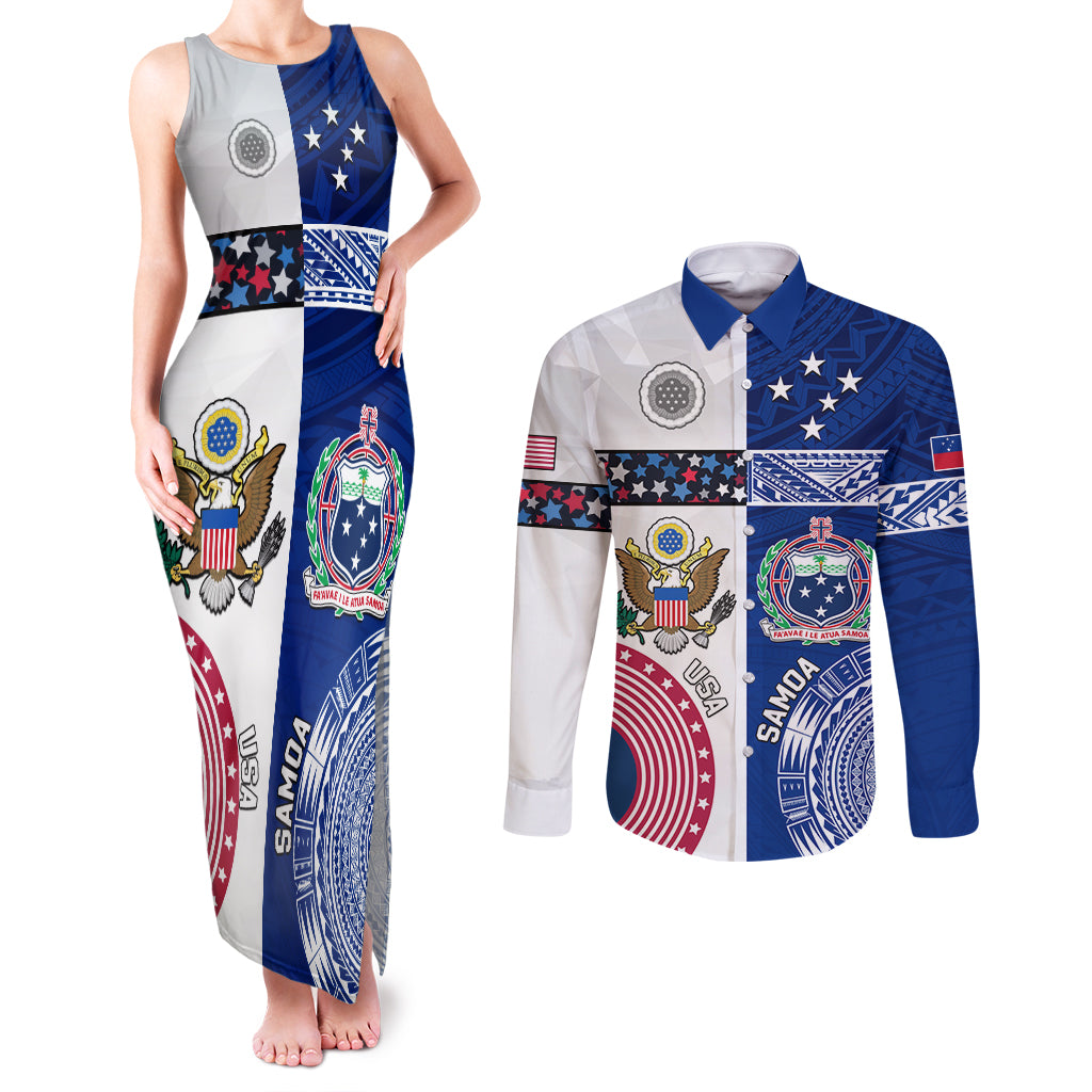 Custom Samoa And USA Together Couples Matching Tank Maxi Dress and Long Sleeve Button Shirt LT05 Blue - Polynesian Pride