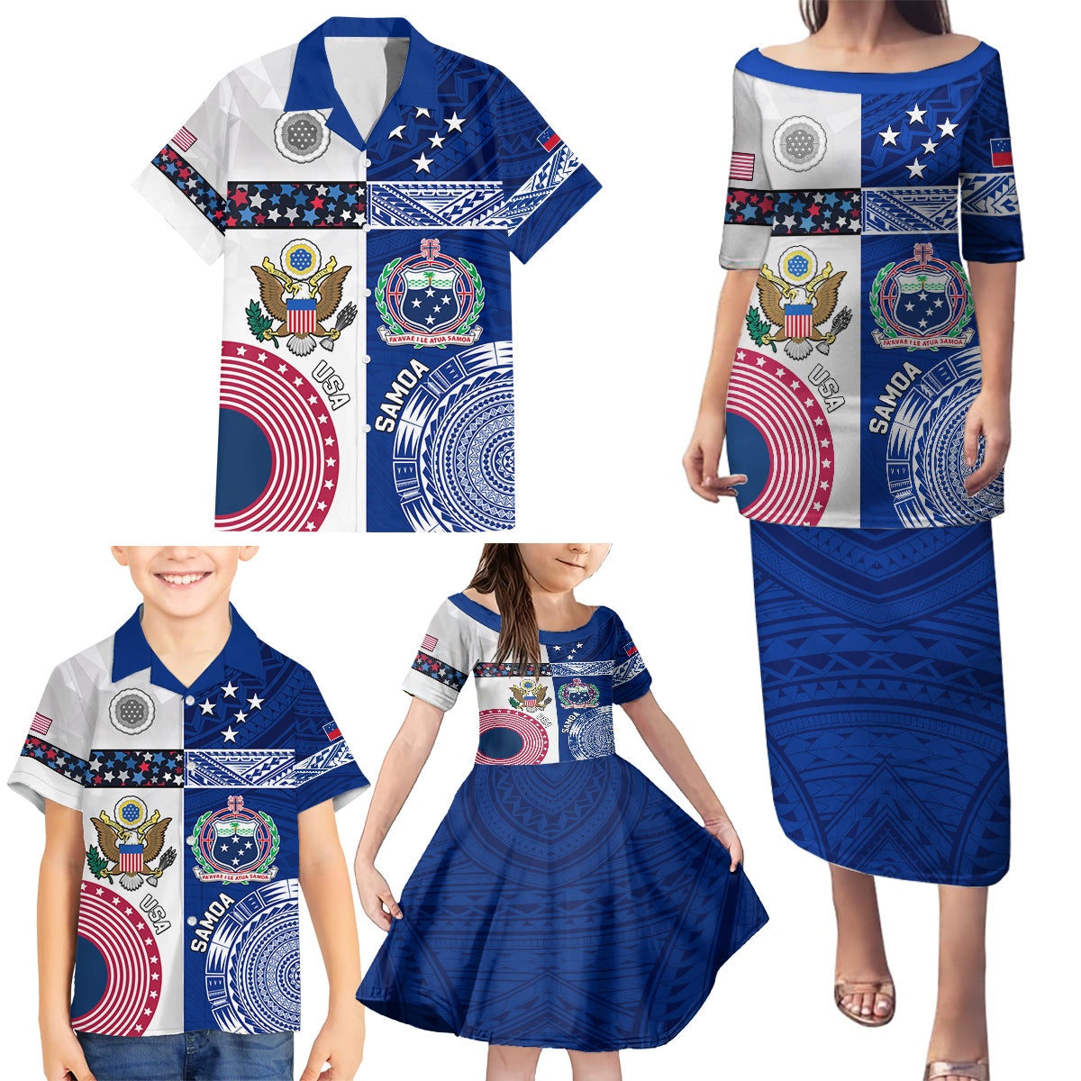 Custom Samoa And USA Together Family Matching Puletasi Dress and Hawaiian Shirt LT05 - Polynesian Pride