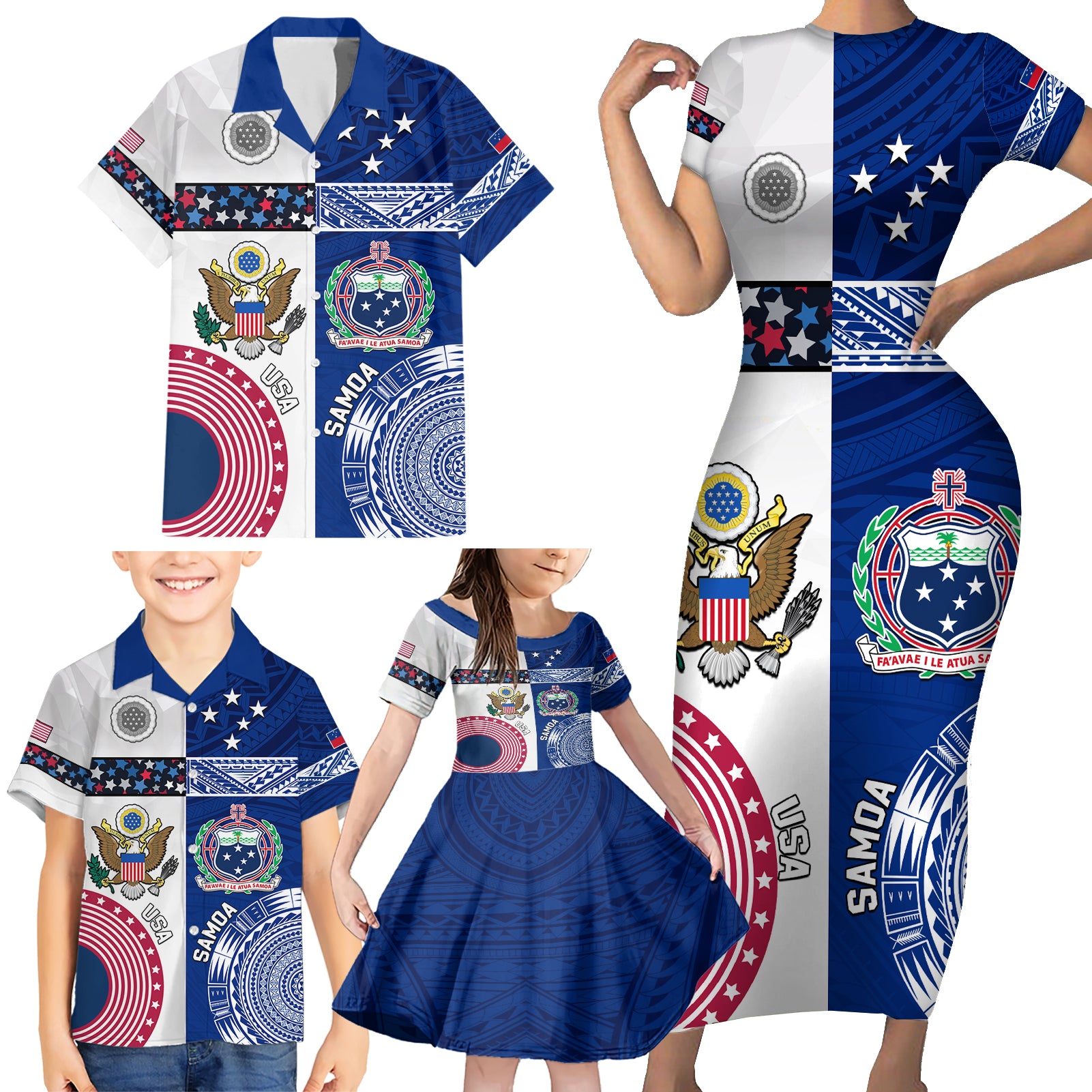 Custom Samoa And USA Together Family Matching Short Sleeve Bodycon Dress and Hawaiian Shirt LT05 - Polynesian Pride