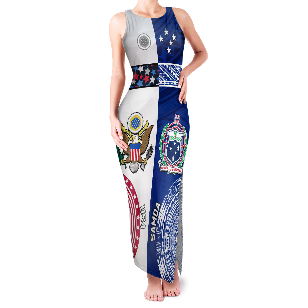 Custom Samoa And USA Together Family Matching Tank Maxi Dress and Hawaiian Shirt LT05 Mom's Dress Blue - Polynesian Pride