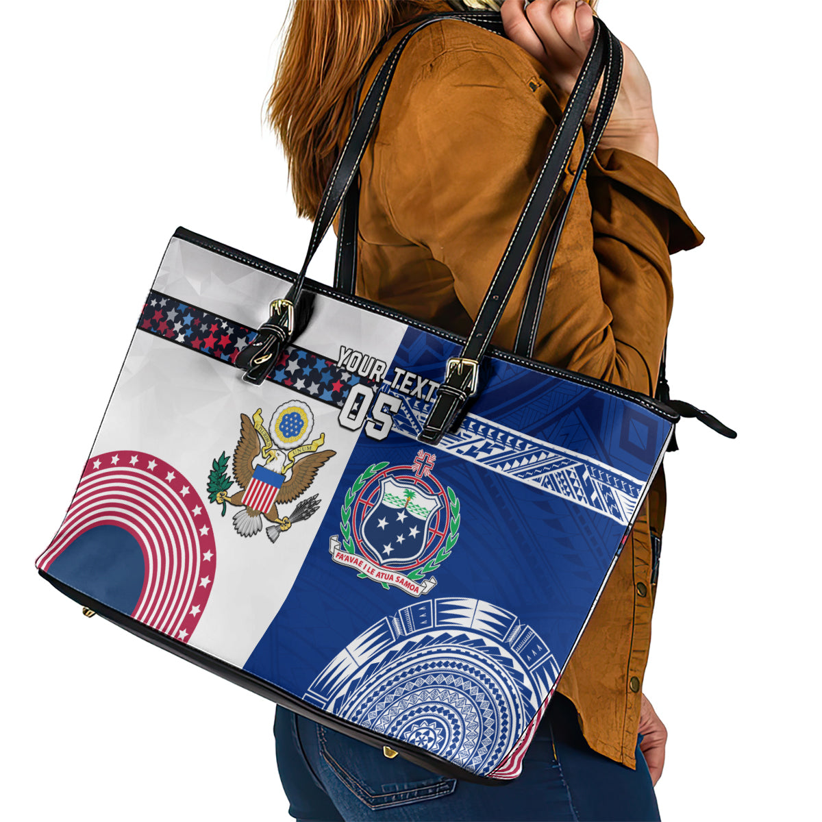 Custom Samoa And USA Together Leather Tote Bag LT05 - Polynesian Pride