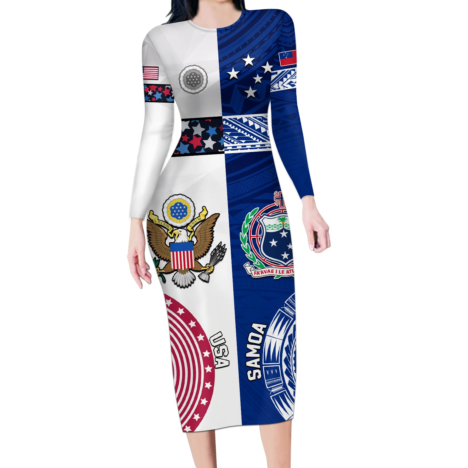 Custom Samoa And USA Together Long Sleeve Bodycon Dress LT05 Long Dress Blue - Polynesian Pride