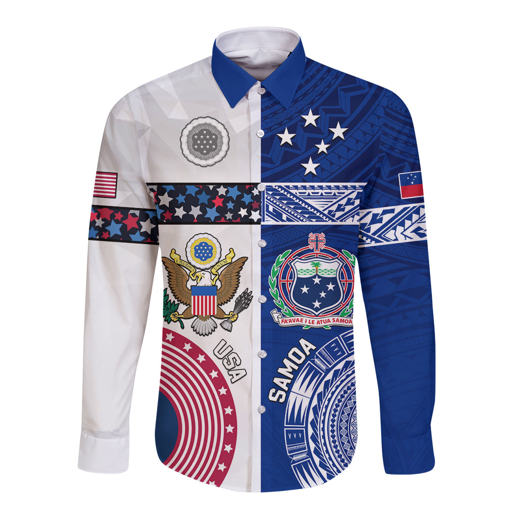 Custom Samoa And USA Together Long Sleeve Button Shirt LT05 Unisex Blue - Polynesian Pride