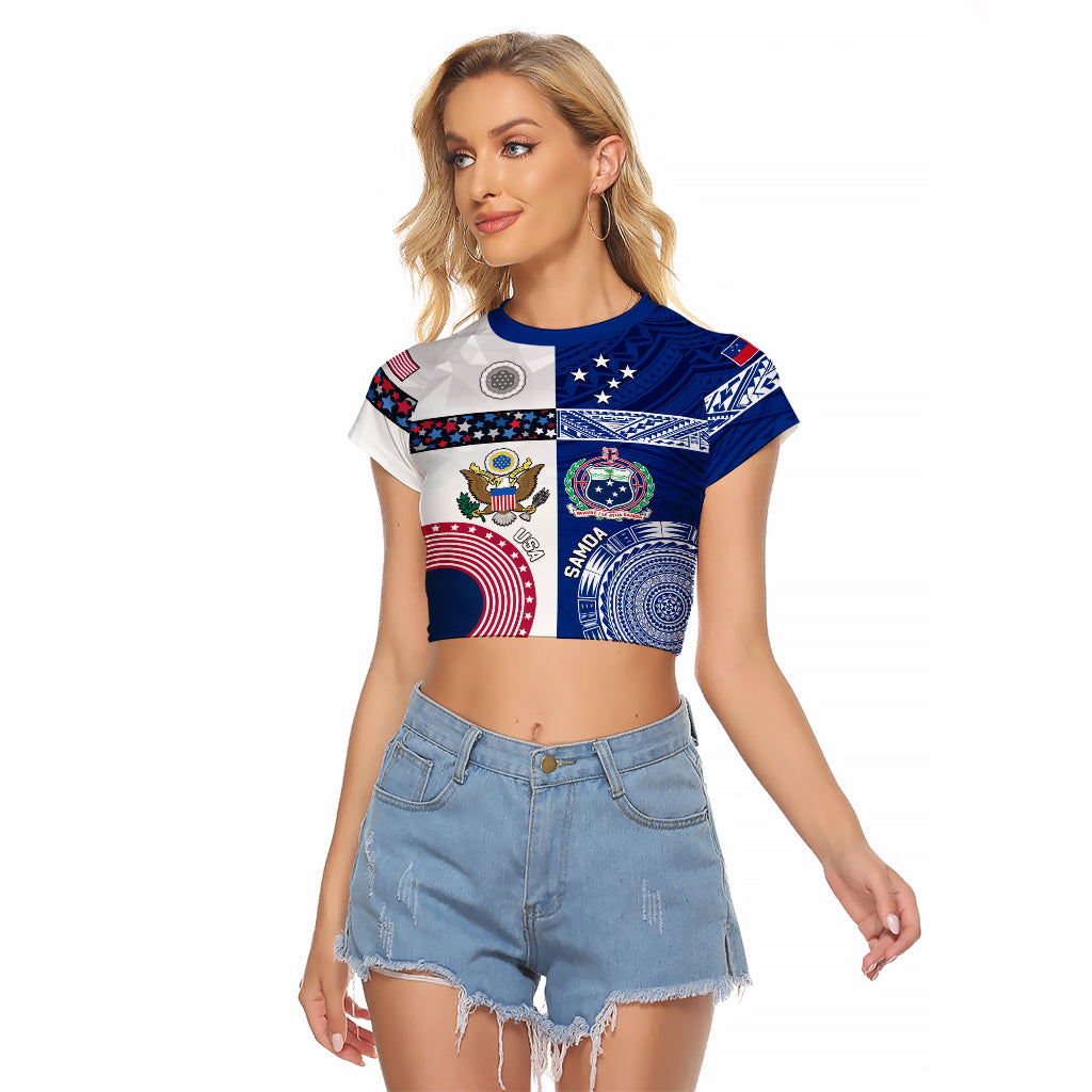 Custom Samoa And USA Together Raglan Cropped T Shirt LT05 Female Blue - Polynesian Pride