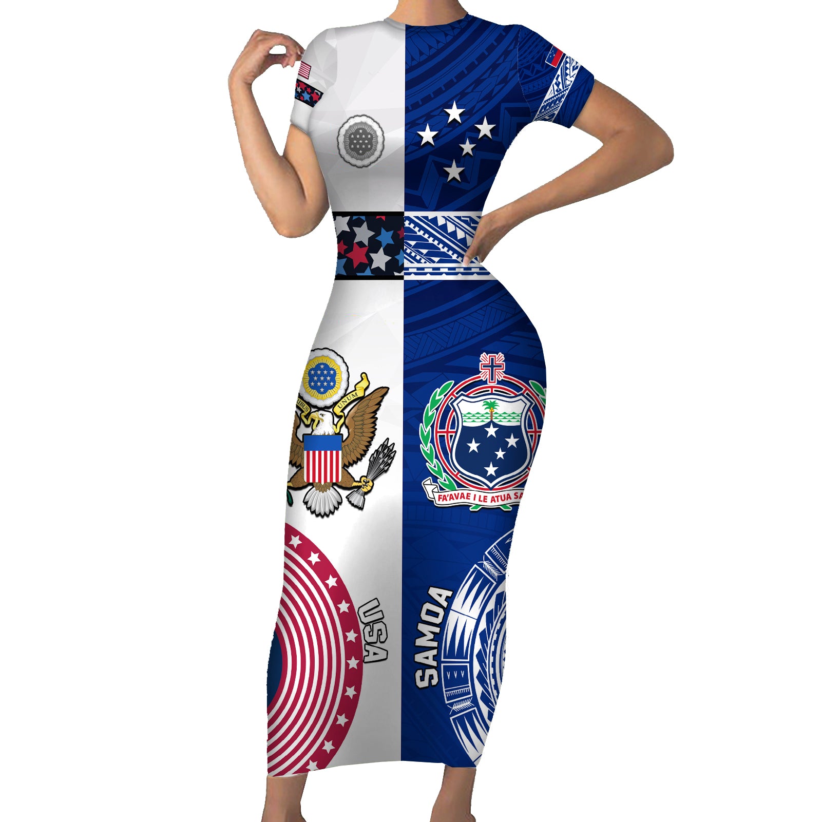 Custom Samoa And USA Together Short Sleeve Bodycon Dress LT05 Long Dress Blue - Polynesian Pride