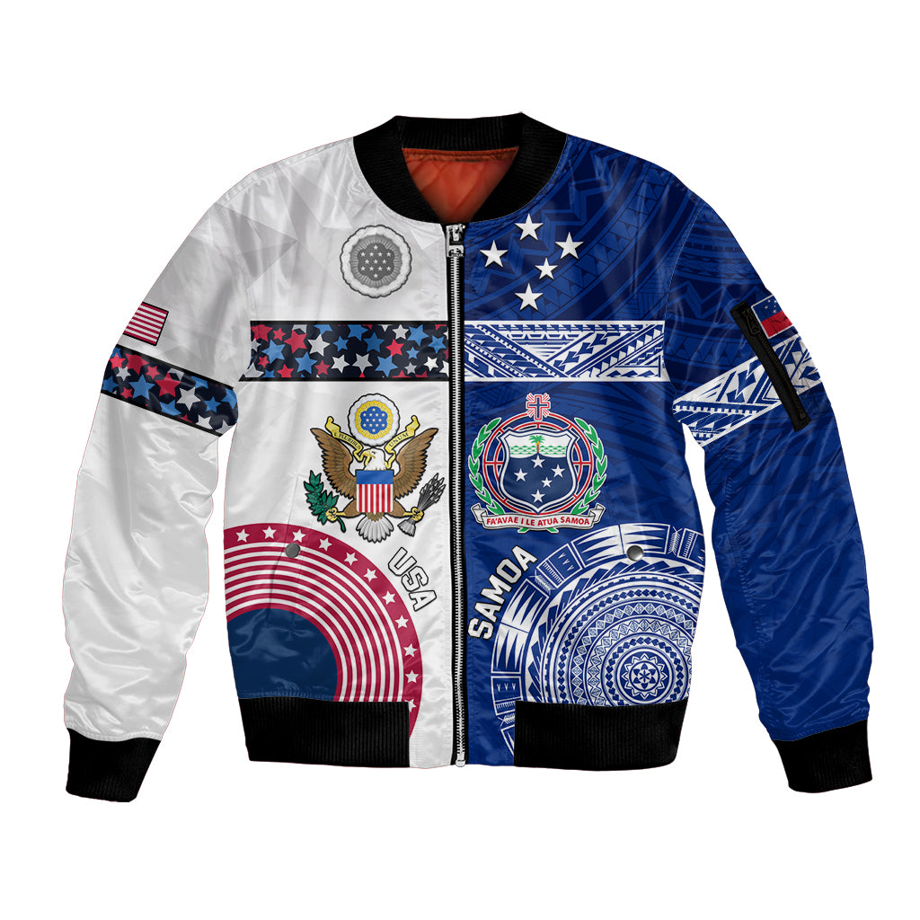 Custom Samoa And USA Together Sleeve Zip Bomber Jacket LT05 Unisex Blue - Polynesian Pride