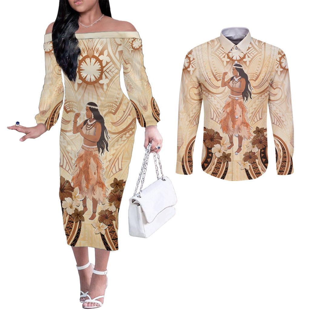 Tonga Women's Day Couples Matching Off The Shoulder Long Sleeve Dress and Long Sleeve Button Shirt With Polynesian Pattern LT05 Beige - Polynesian Pride