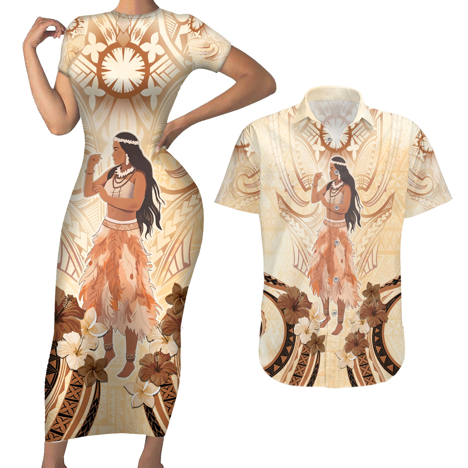 Tonga Women's Day Couples Matching Short Sleeve Bodycon Dress and Hawaiian Shirt With Polynesian Pattern LT05 Beige - Polynesian Pride