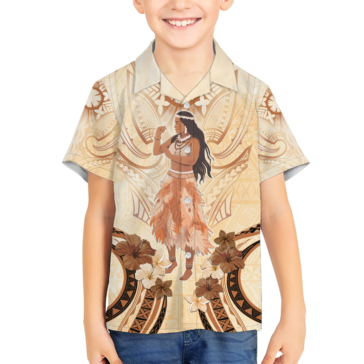 Tonga Women's Day Family Matching Short Sleeve Bodycon Dress and Hawaiian Shirt With Polynesian Pattern LT05 Son's Shirt Beige - Polynesian Pride