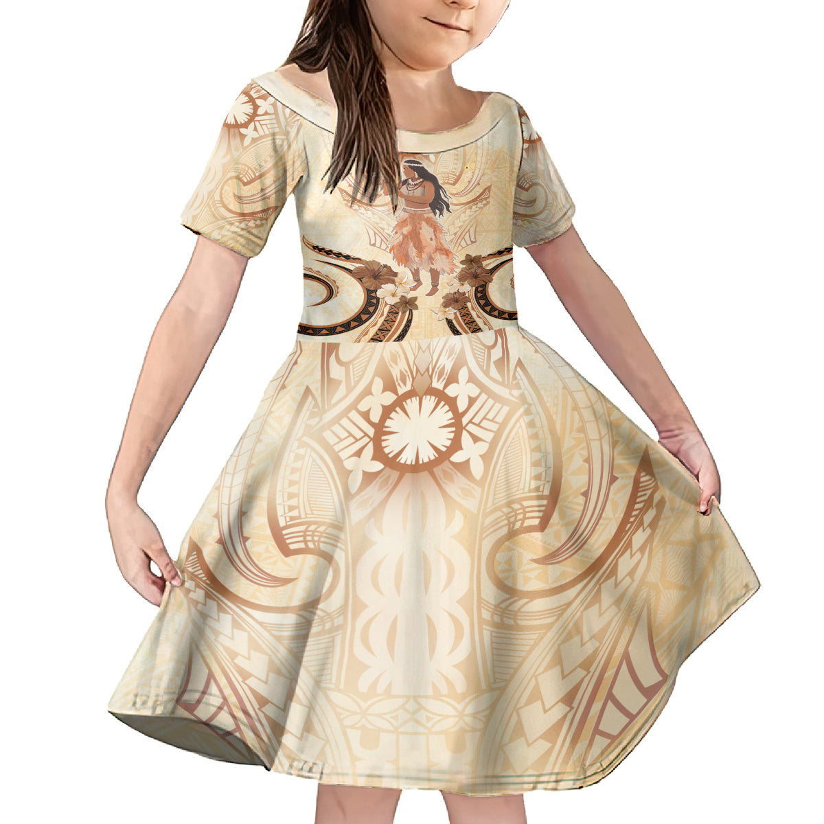 Tonga Women's Day Kid Short Sleeve Dress With Polynesian Pattern LT05 KID Beige - Polynesian Pride