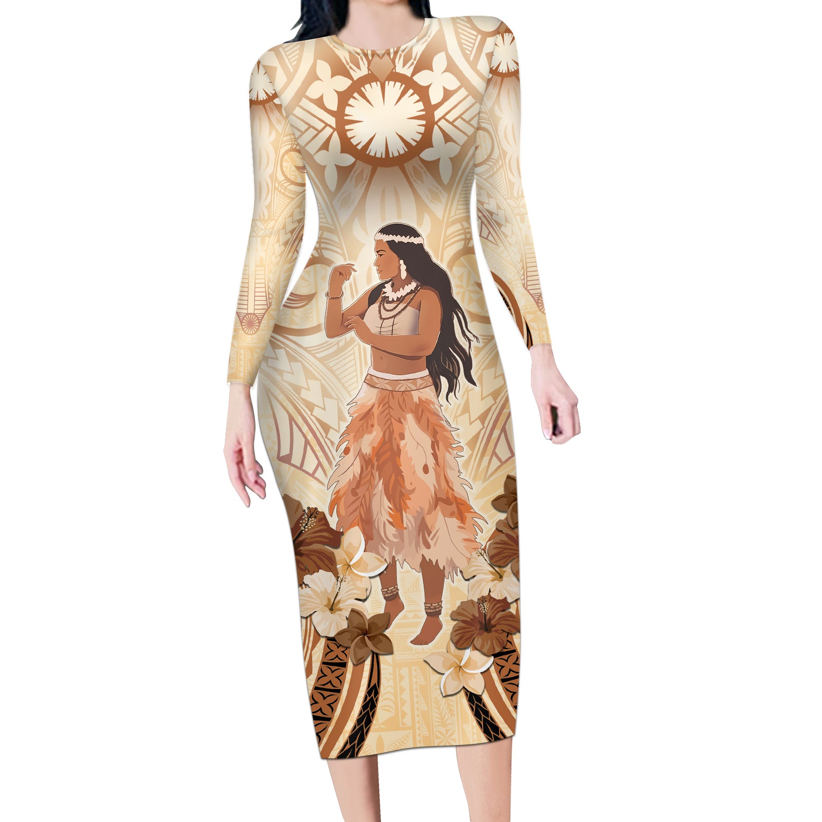 Tonga Women's Day Long Sleeve Bodycon Dress With Polynesian Pattern LT05 Long Dress Beige - Polynesian Pride