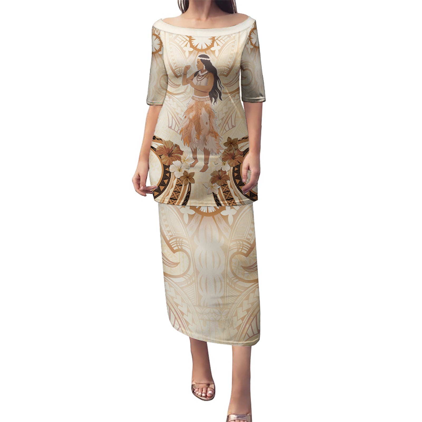 Tonga Women's Day Puletasi With Polynesian Pattern LT05 Long Dress Beige - Polynesian Pride