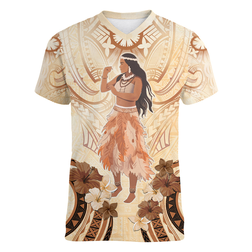 Tonga Women's Day Women V Neck T Shirt With Polynesian Pattern LT05 Female Beige - Polynesian Pride