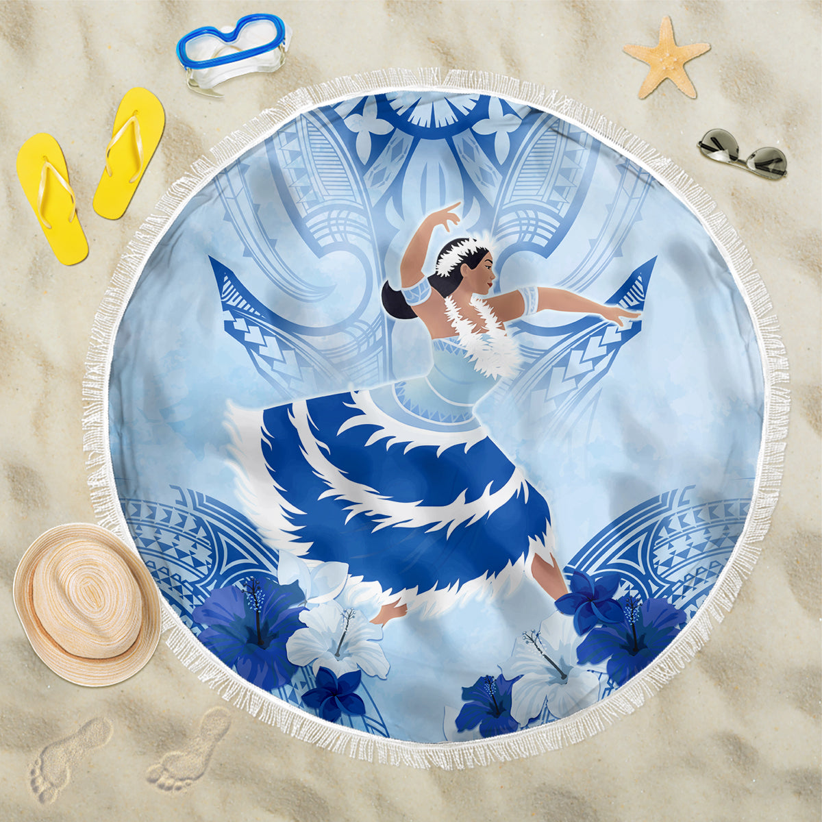 Cook Islands Women's Day Beach Blanket With Polynesian Pattern LT05 One Size 150cm Blue - Polynesian Pride