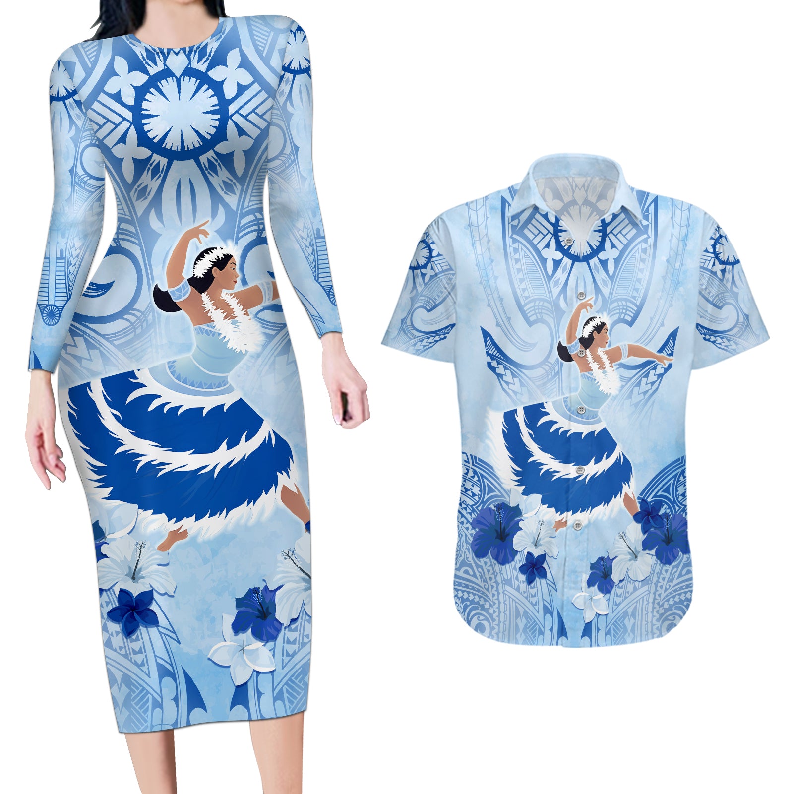 Cook Islands Women's Day Couples Matching Long Sleeve Bodycon Dress and Hawaiian Shirt With Polynesian Pattern LT05 Blue - Polynesian Pride