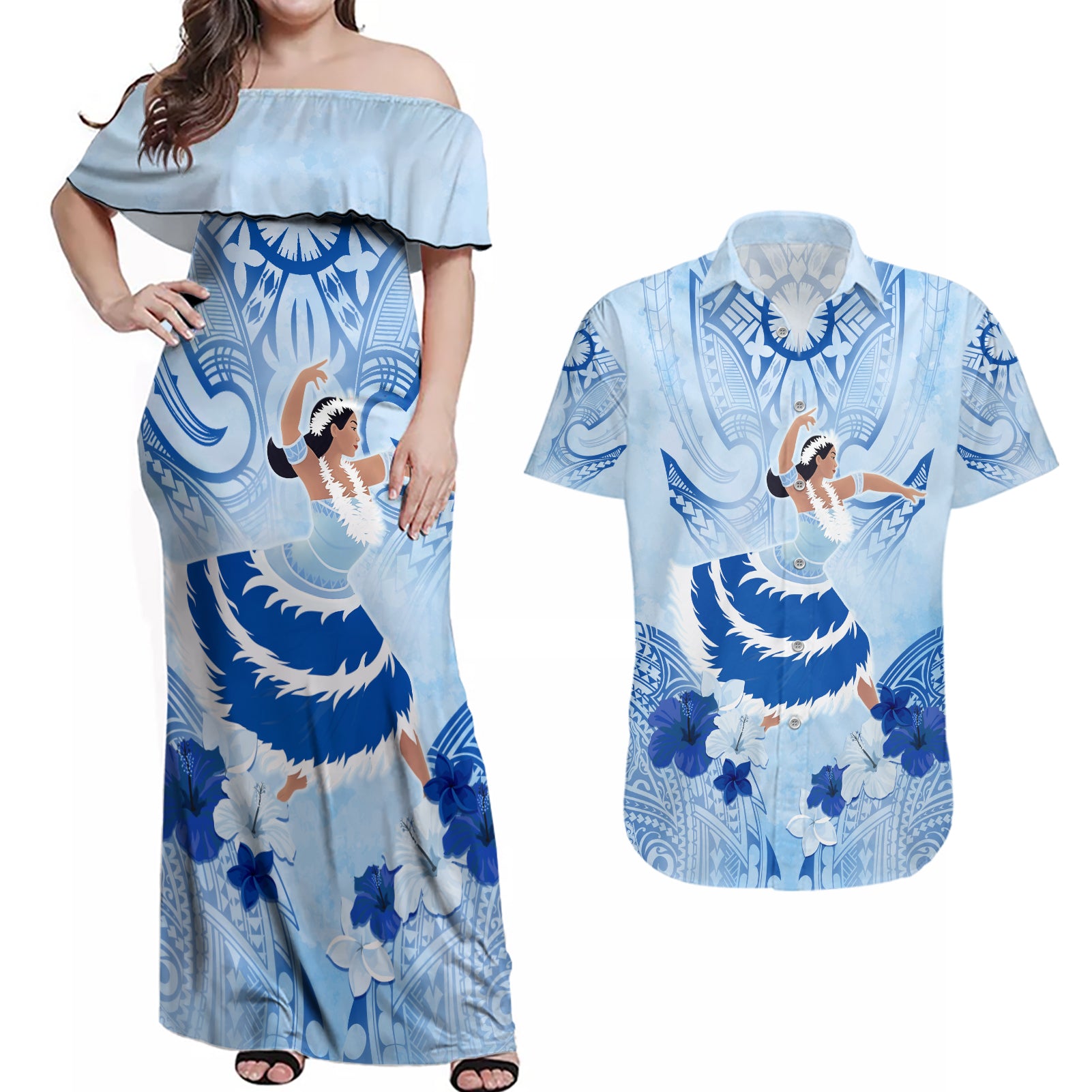 Cook Islands Women's Day Couples Matching Off Shoulder Maxi Dress and Hawaiian Shirt With Polynesian Pattern LT05 Blue - Polynesian Pride