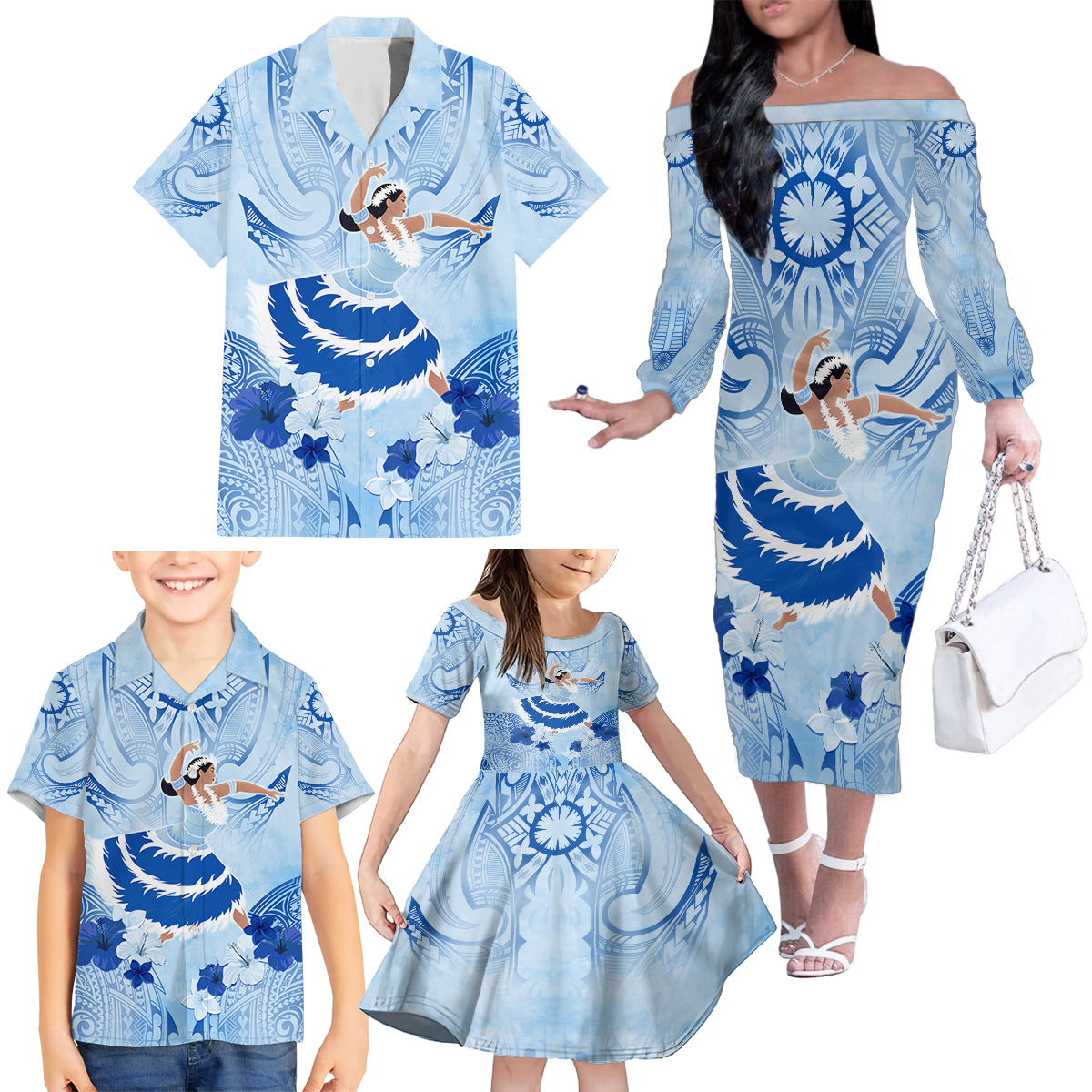 Cook Islands Women's Day Family Matching Off Shoulder Long Sleeve Dress and Hawaiian Shirt With Polynesian Pattern LT05 - Polynesian Pride